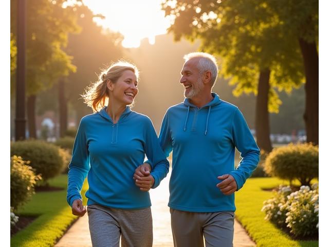 Coppia di adulti 50enni che cammina in un parco cittadino di Milano, sorridendo e godendosi la natura con vitalità.