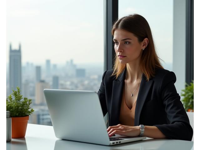 Donna professionista che lavora con efficienza in un ufficio moderno a Milano, mantenendo uno stile di vita equilibrato.