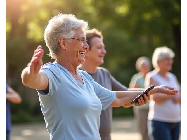 Gruppo di anziani sorridenti che fanno ginnastica dolce all'aperto, con un tablet e un istruttore, a Milano.