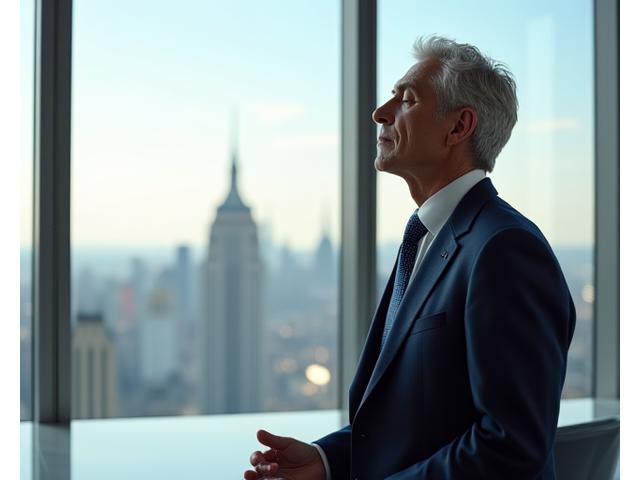 Un dirigente d'azienda in un ambiente elegante e moderno pratica una breve meditazione o un momento di mindfulness con uno sfondo sfocato di skyline milanese, rappresentando calma e focus sotto pressione. Toni primari e accenti.