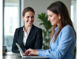 Un professionista sorridente e rilassato al laptop, con un icona di equilibrio e foglie stilizzate che simboleggiano il benessere. Colori primari e secondari del brand.