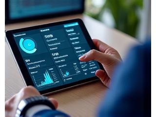 Professionista che esamina i dati di un'app di monitoraggio dello stress su smartwatch e tablet, con grafici intuitivi che mostrano livelli di HRV e suggerimenti per il relax.