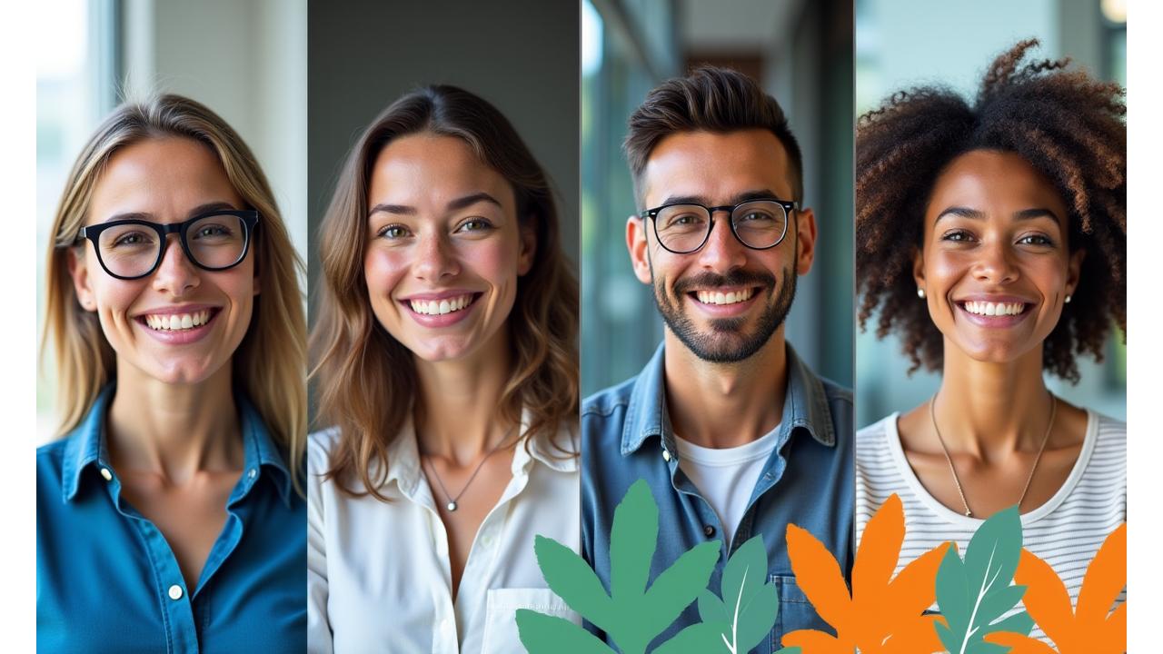 Un collage di diversi volti di professionisti sorridenti e appagati, di età diverse e settori vari, che rappresentano il successo nel bilanciare carriera e benessere. Colori vivaci ma armoniosi, con tocchi del blu primario e del verde secondario.