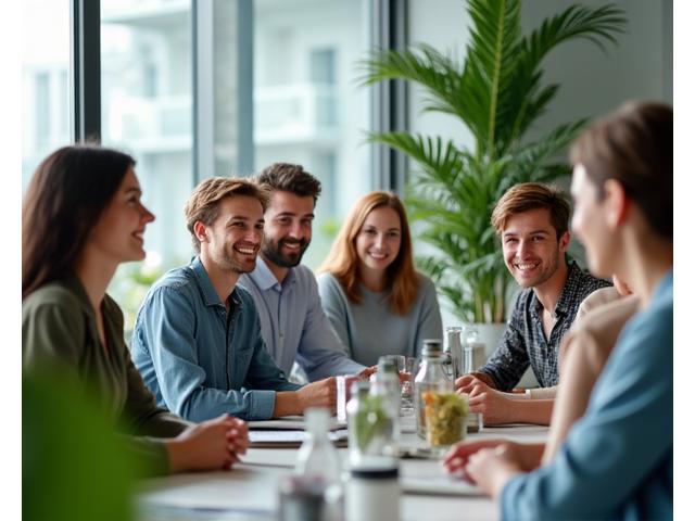 Un team di professionisti di età diverse, sorridenti e collaborativi, in un ufficio moderno e luminoso. Simboleggia un ambiente di lavoro positivo e l'implementazione di politiche di benessere.