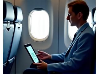 Persona rilassata su un aereo con cuffie che medita o si riposa, con una ventola di un aereo visibile dal finestrino e un tablet con un'app Benessere Zenit. Colori neutri e toni del blu.