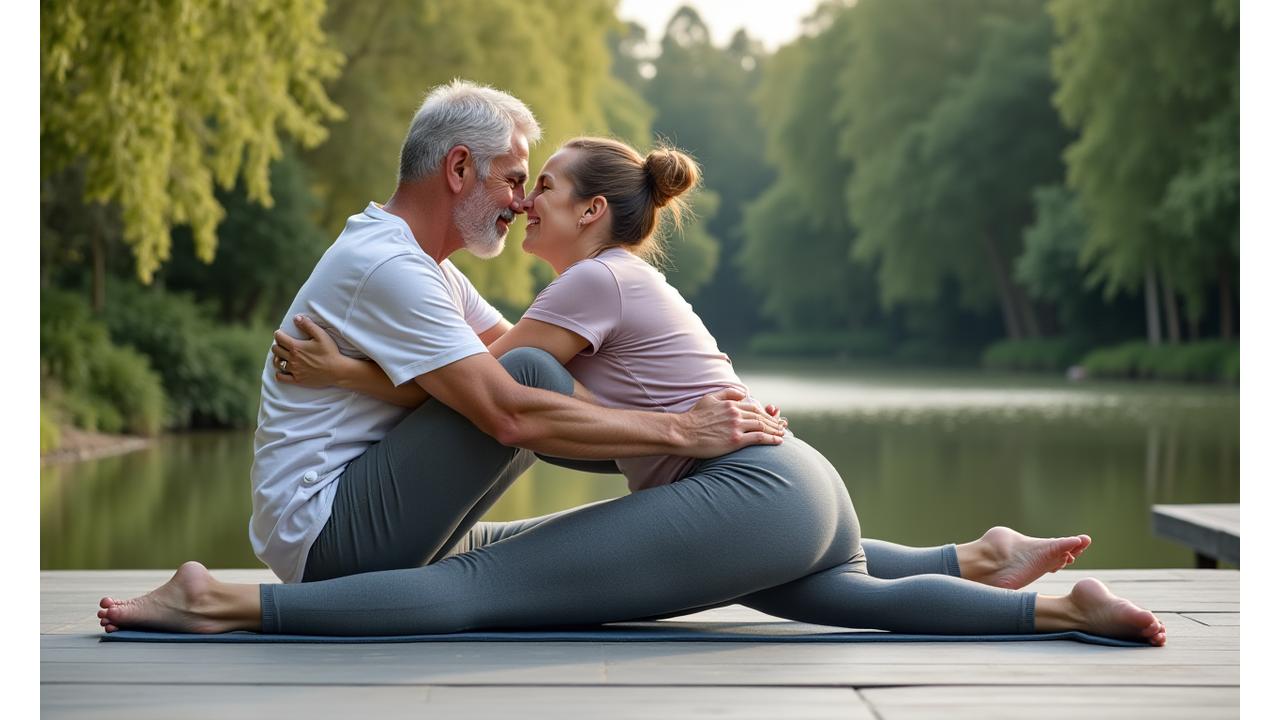 Coppia di mezza età che fa stretching all'aperto