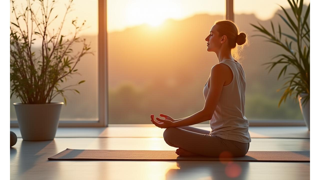Donna di 40 anni che pratica mindfulness sotto il sole del mattino