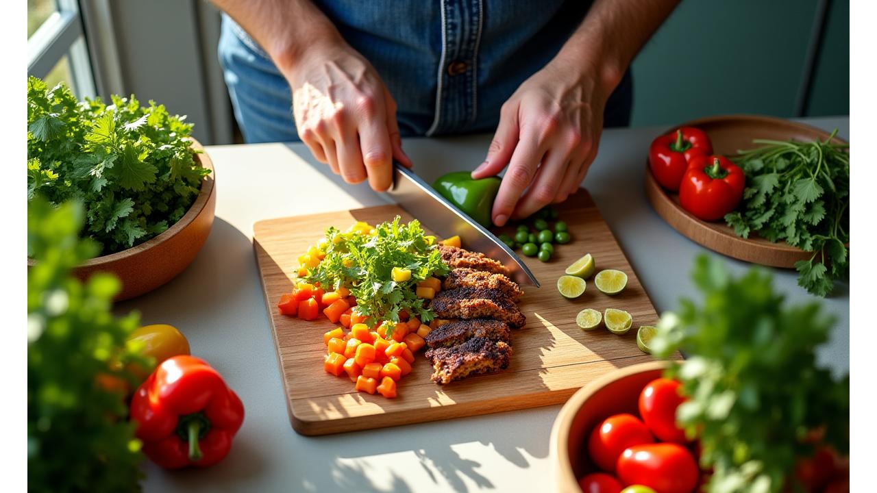 Uomo che prepara un pasto sano e bilanciato in cucina
