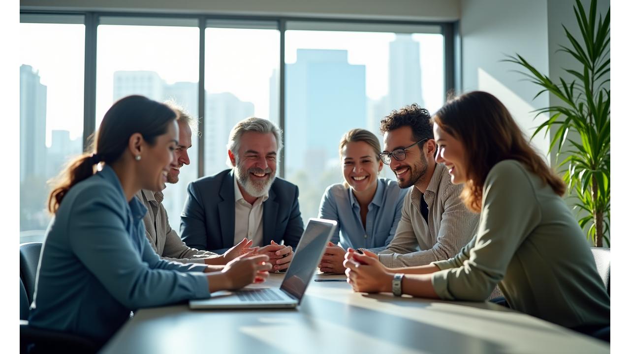 Team di Benessere Zenit che collabora entusiasta in un ufficio moderno e luminoso con vista su Milano