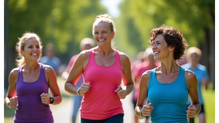 Gruppo di adulti che partecipano a una sfida wellness all'aperto, sorridenti e motivati