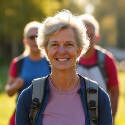 Elena S., 60 anni, sorridente durante un evento di Nordic Walking organizzato dalla community di Milano
