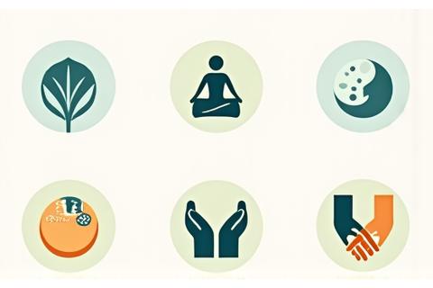 Diversi icone stilizzate che rappresentano le aree di wellness come nutrizione, movimento, sonno e mente, disposte in un layout a griglia.