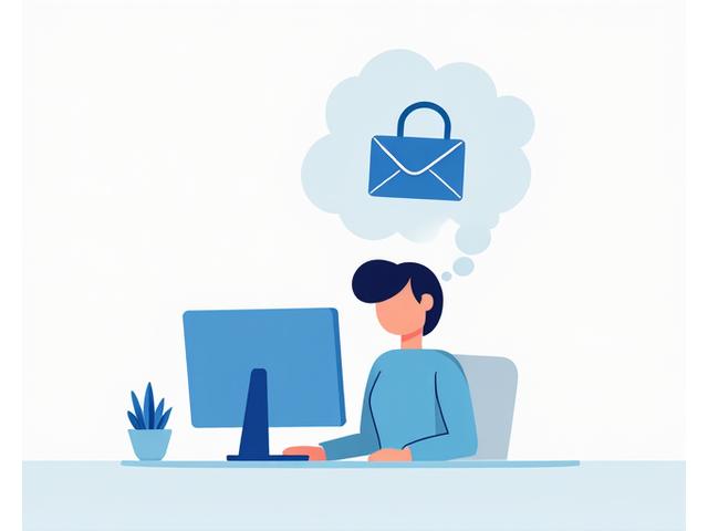 Illustrazione di una persona che scrive a un computer, con un'icona di lucchetto e busta sopra, indicando una comunicazione sicura per la privacy