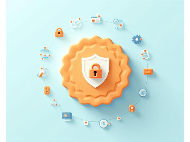 Illustrazione di un biscotto stilizzato con un simbolo di protezione, circondato da piccoli ingranaggi che rappresentano la gestione dei cookie