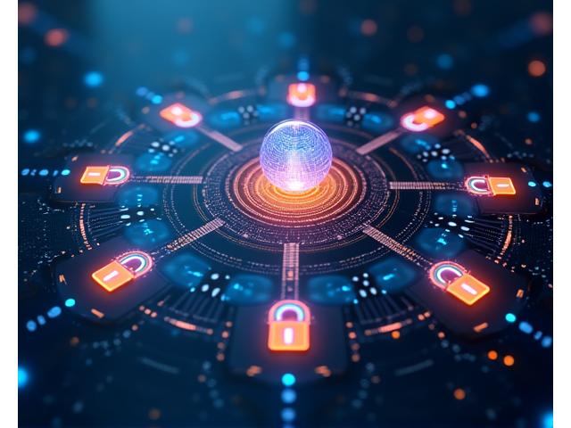 Rappresentazione astratta di scudi e lucchetti digitali che proteggono un flusso di dati, con un'illuminazione chiara e futuristica