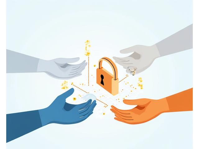 Illustrazione stilizzata di mani che si scambiano dati attraverso connessioni digitali sicure, con un lucchetto che simbolizza la protezione