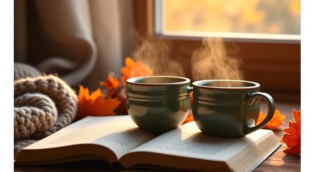 Tazze di tè alle erbe fumanti, un libro, comode coperte e integratori per il sistema immunitario, ambientati in una scena autunnale accogliente con foglie cadute e luce calda.