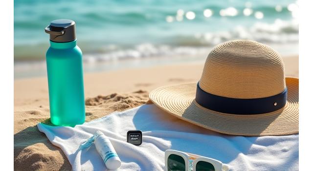 Accessori da spiaggia come asciugamani, cappello, occhiali da sole, una bottiglia d'acqua riutilizzabile e un fitness tracker, bagnati dalla luce solare estiva, su una sabbia chiara.