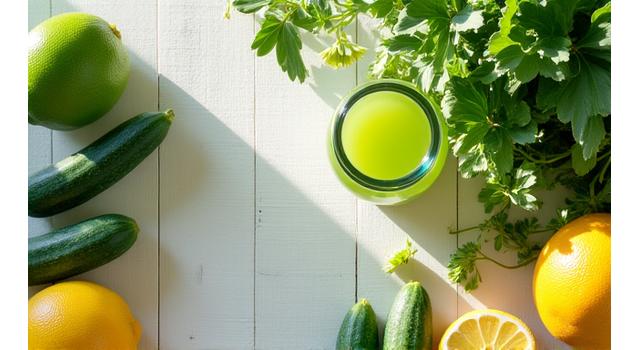 Frutta e verdura fresca, detox drink verdi e integratori naturali disposti in modo invitante, su un tavolo di legno chiaro, con la luce soffusa della primavera.