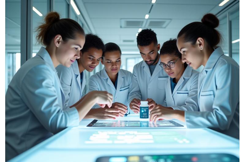 Team di specialisti del benessere di diverse età (35+) a Milano che analizzano dei prototipi di prodotti su un tavolo luminoso, con schermi e documenti, in un laboratorio o ufficio moderno.