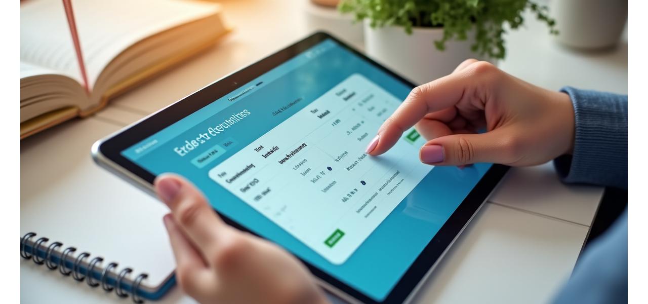 Una mano adulta che naviga un'interfaccia utente pulita di un'applicazione o sito web che offre consulenza personalizzata, calendario di prenotazione appuntamenti e opzioni di chat, su uno sfondo di ufficio moderno ma accogliente.