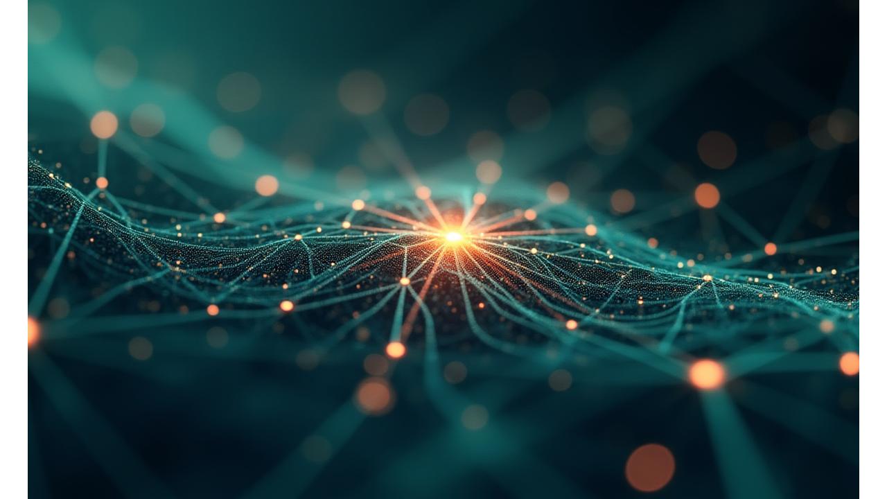 Visualizzazione astratta dell'intelligenza artificiale che elabora dati e si adatta, con elementi di apprendimento e feedback