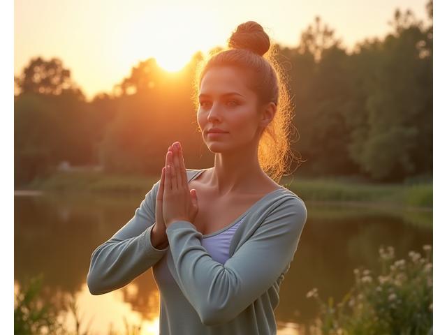 Donna di mezza età che pratica yoga all'aperto al tramonto, con posa calma e focalizzata