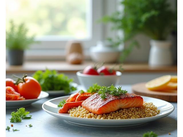 Piatto di cibo sano e bilanciato, con verdure fresche, proteine e cereali, in una cucina moderna e luminosa