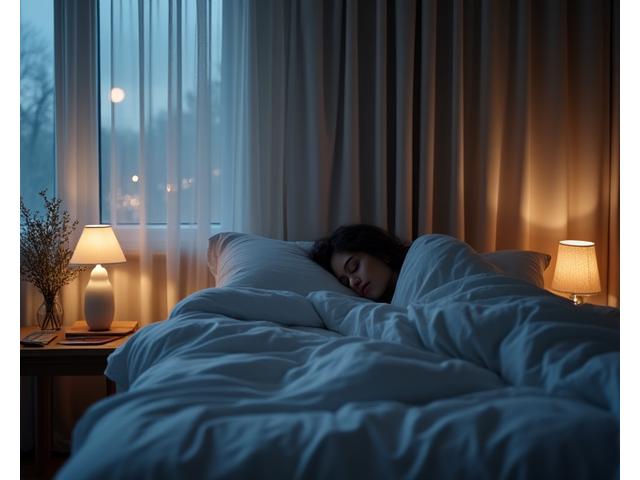 Persona indistinta che dorme serenamente in un letto confortevole e scuro, con luci soffuse
