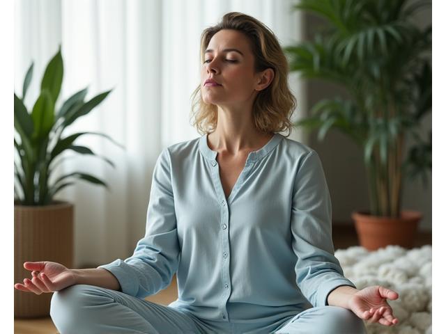 Donna calma in un ambiente naturale, pratica la meditazione o esercizi di respirazione profonda, simboleggiando la gestione dello stress