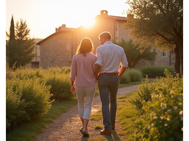 Coppia che raccoglie erbe aromatiche in campagna, riflettendo lo slow living e il benessere tradizionale del Centro Italia