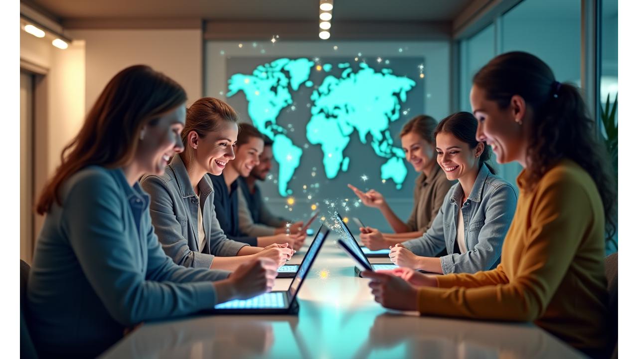 Gruppo di persone (35+) che interagiscono in un ambiente digitale amichevole, con icone di feedback e condivisione dati, simbolo di una community che contribuisce al benessere