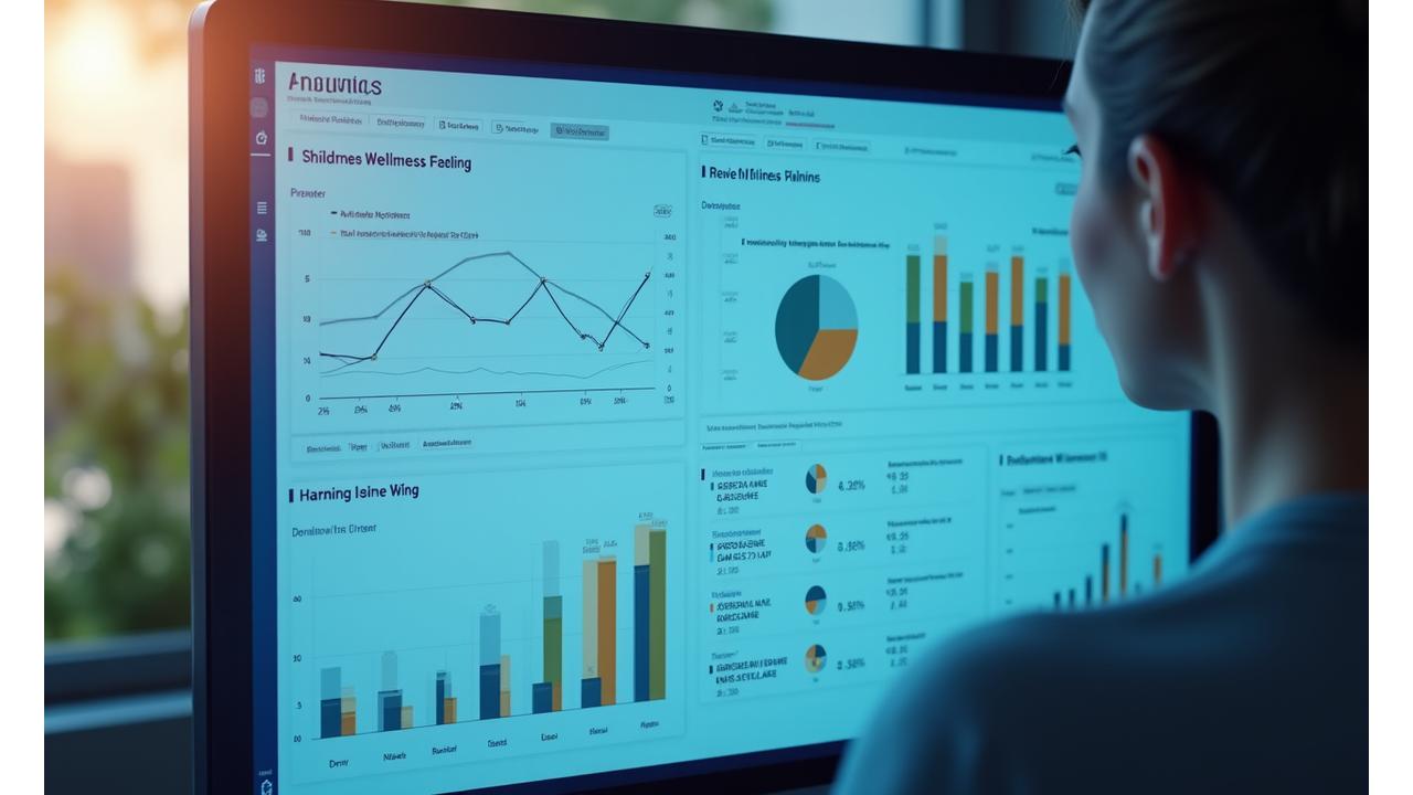 Dashboard analitica con grafici e indicatori di tendenze di wellness in crescita e in declino, con focus demografico per adulti 35+