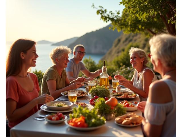 Famiglia che condivide un pasto all'aperto in un borgo del Sud Italia, simbolo di benessere comunitario e dieta mediterranea