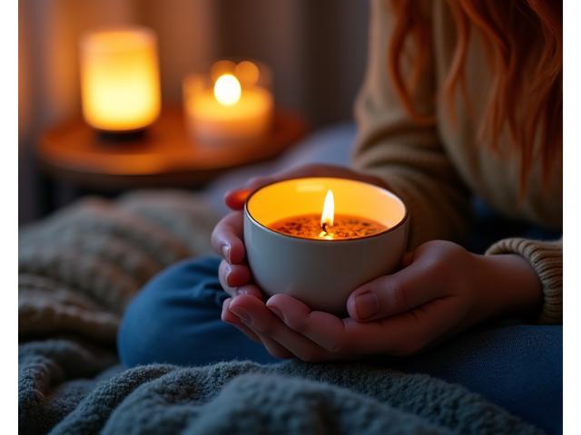 Ambiente serale rilassante con luci soffuse, un libro e una tazza di tisana.