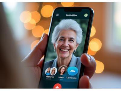Schermata di un'applicazione che mostra videochiamata familiare o un gruppo di supporto online.
