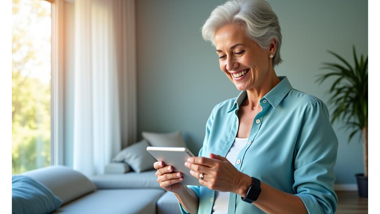 Donna anziana sorridente che usa un tablet per monitorare la sua salute, con un indossabile discreto al polso.