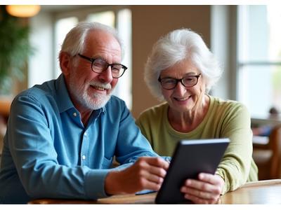 Due persone anziane che interagiscono positivamente, una che aiuta l'altra con un dispositivo digitale.
