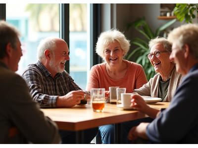 Un gruppo vivace di anziani che partecipano a un incontro di gruppo a Milano, con un logo Benessere Zenit sullo sfondo.