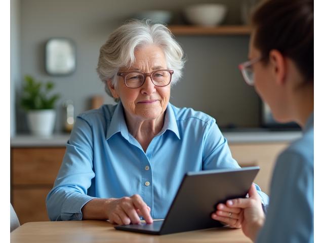 Una persona anziana che indica uno schermo con istruzioni chiare, assistita da un giovane mentore o un familiare.