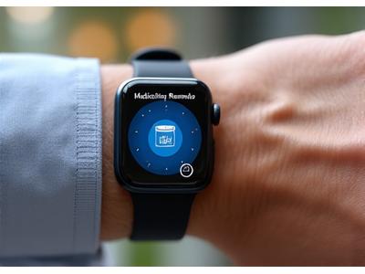 Primo piano di un polso con smartwatch che mostra un promemoria per l'assunzione di farmaci.